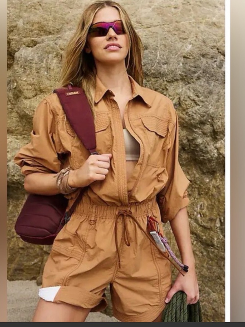 FP movement free people Romper M In The Wild Shortsie - Toasted Almond